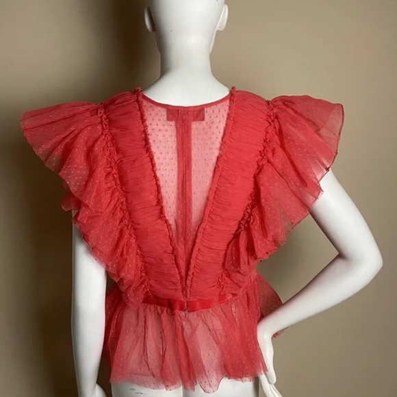 Anthropologie Geisha Designs Ruffled Ruched Tulle Blouse Pink 1X - Picture 5 of 6
